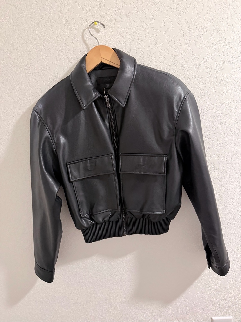 Zara Black Faux Leather Jacket with Shoulder Pads Size S